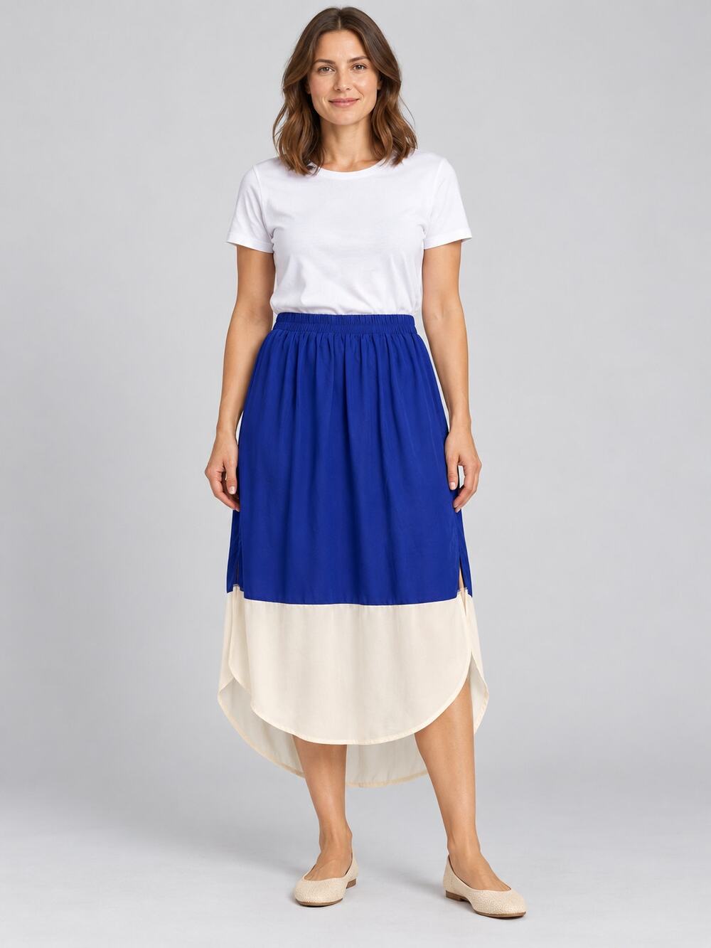 Lush Cobalt Blue Ivory Colorblock High Low Elastic Waist Skirt Small